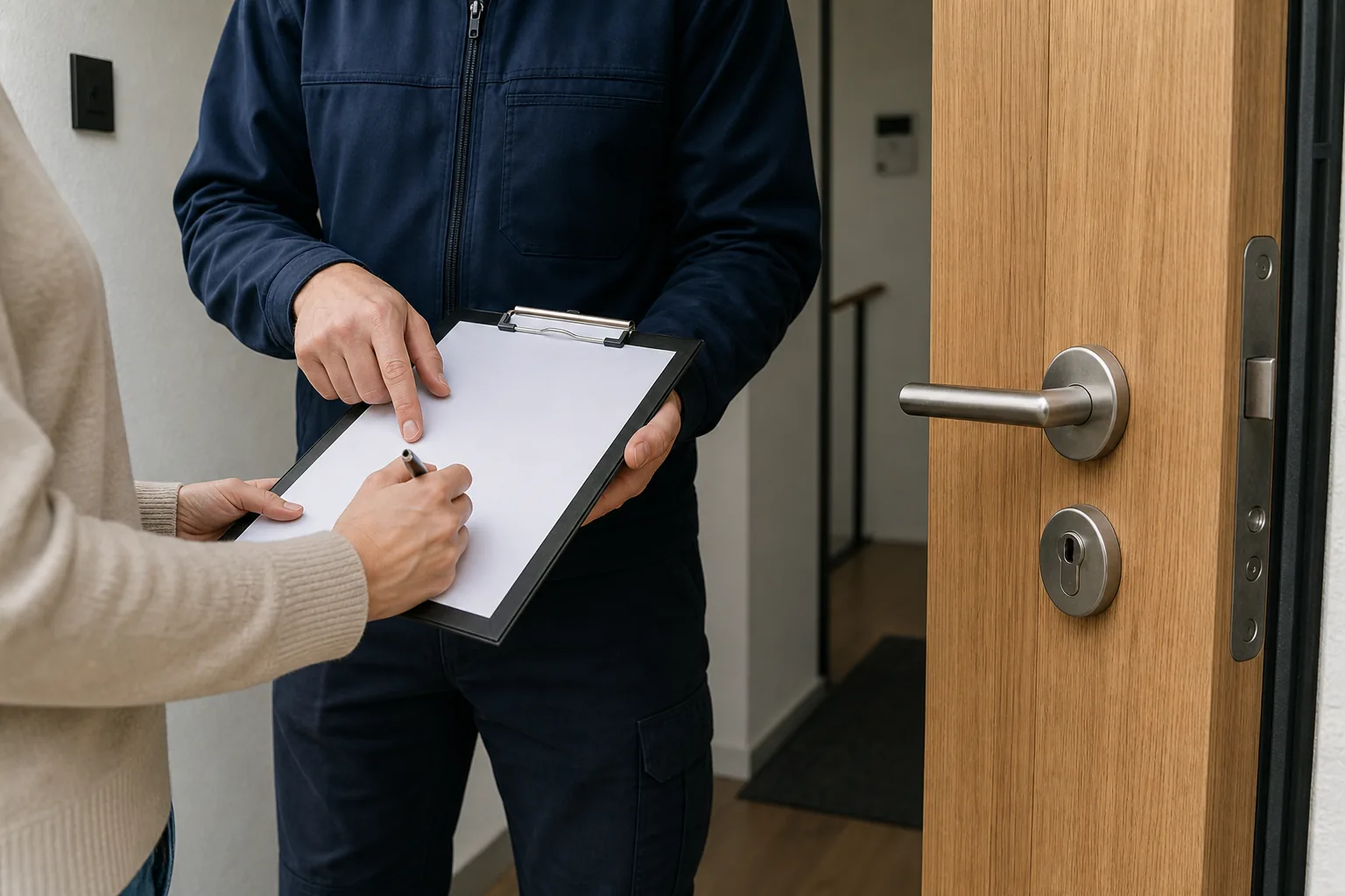 Schlüsseldienst und Kundin besprechen vor einer Wohnungstür einen Kostenvoranschlag