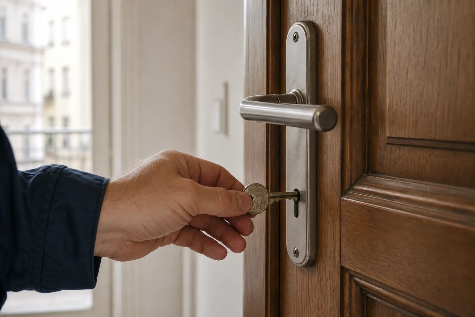 Hand prüft vorsichtig einen schwergängigen Schlüssel an einer Wohnungstür